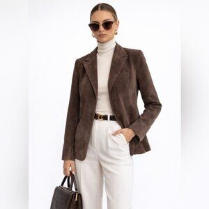 Alfani Brown Genuine Leather Suede Blazer Jacket Womens Button Front Size Large